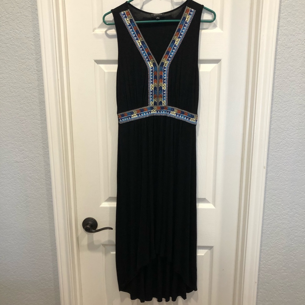 Black, high-low Aztec print dress